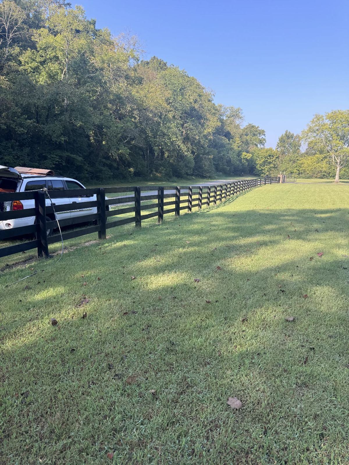 Long black-painted four-board farm fence along a mown field and tree line